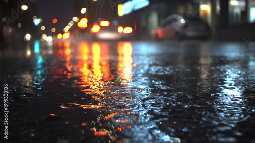 Rainy night city street with colorful light reflections on wet pavement and abstract bokeh.