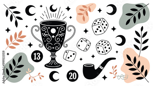 Tarot card symbols with moon phases and leaves on white background