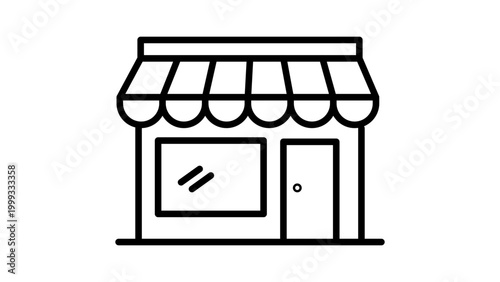 Minimalist Storefront Vector Icon with Editable Stroke; A Clean Black Line Illustration of a Small Shop or Boutique Front with Awning, Window, and Door for Business and E-commerce Web Design.