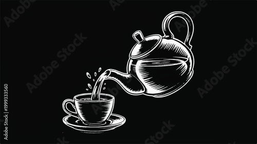 teapot pouring water into a cup on saucer