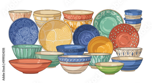 A colorful illustration of various ceramic bowls and plates