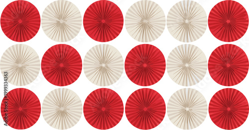 Collection of Red and White Paper Fan Rosette Vector Decorations for Party Backdrops, Festive Celebrations, Circular Pattern Designs, and Event Interior Decor Backgrounds