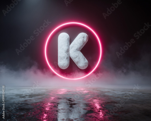 3D Textured Letter K in Bright Pink Neon Circle on Dark Smoky Background with Reflections