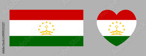 Republic of Tajikistan flag sticker. Tajikistan flag heart, rectangle icon, banner template. Rectangular, heart flag of Tajikistan button, background set. Tajikistan country flag badge.