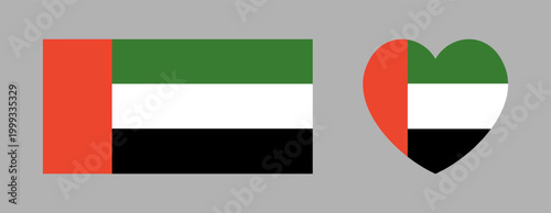 United Arab Emirates flag heart, rectangular shaped badge, icon. Set of National flag of UAE button, sticker. Rectangle, heart flag of United Arab Emirates banner, background.