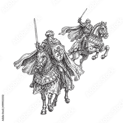 Two Medieval Knights in Armor Charging on Horseback Line Art