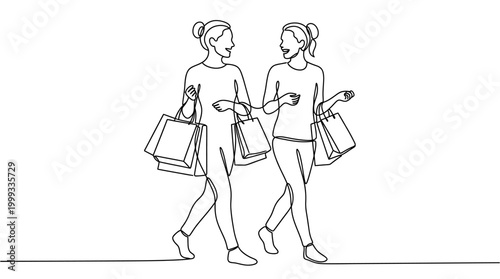 Continuous one line drawing of two happy women shopping together.