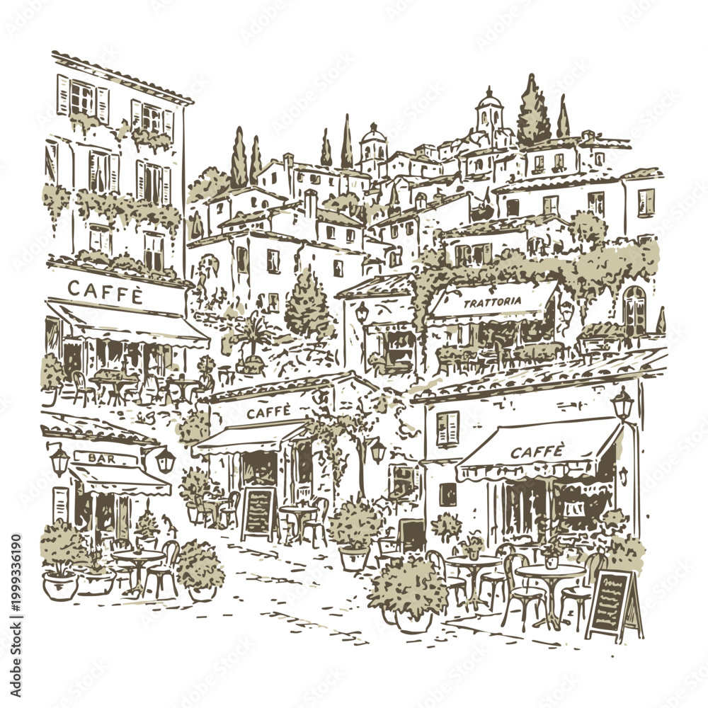 Obraz premium Charming Italian Village Street with Outdoor Cafes and Trattoria Sketch