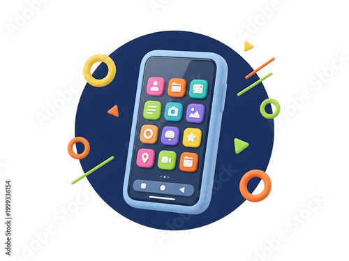 Smartphone displaying mobile app icons grid digital services