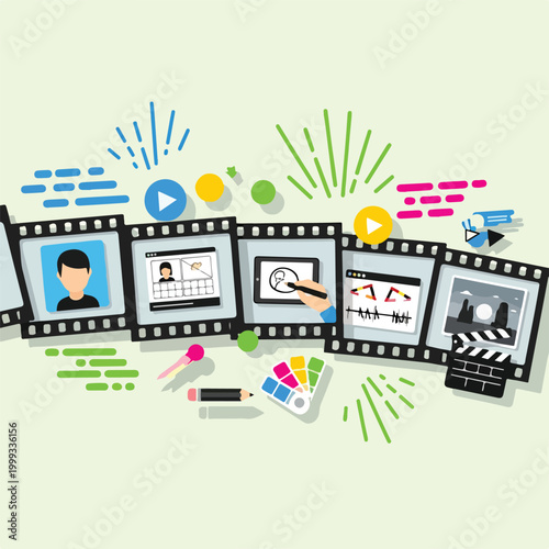 A creative illustration of film strips and art supplies