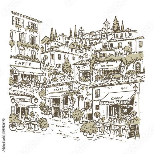 Charming Italian Village Street with Outdoor Cafes and Trattoria Sketch