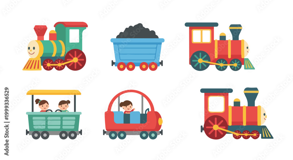 Naklejka premium Here’s a simple English prompt based on the image:A colorful cartoon illustration of different trains, including steam engines and small passenger cars, with people riding inside