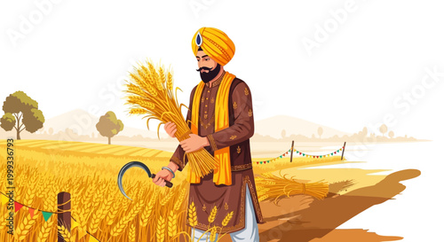 A Sikh man with a turban and beard holds wheat in a field in celebration of the Vaisakhi Baisakhi festival, depicted in a vibrant, stylized illustration with warm colors and a bright, sunny