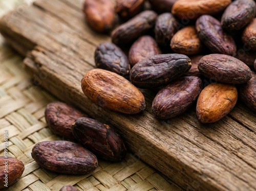 Close-up of raw aromatic cocoa beans scattered on a rustic wooden board and woven surface