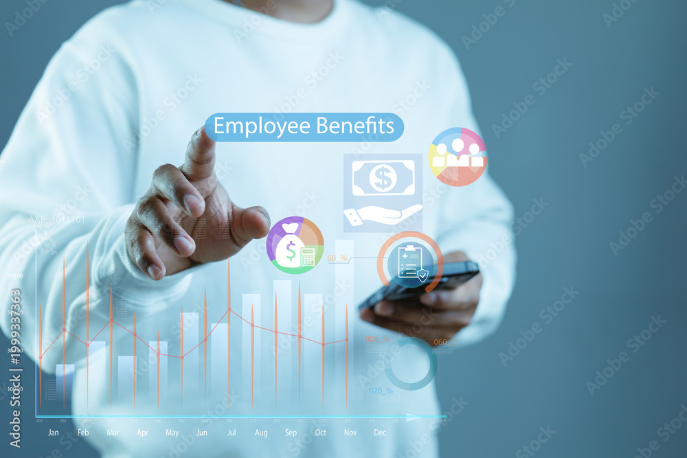 Obraz premium Employee benefits concept with mobile interface, charts and icons showing compensation, insurance and workforce reward management.
