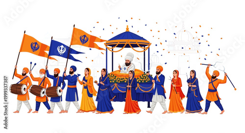 A vibrant illustration displays the Vaisakhi Baisakhi festival celebration, featuring Sikh people in traditional clothing joyfully parading with flags and drums under a decorative canopy