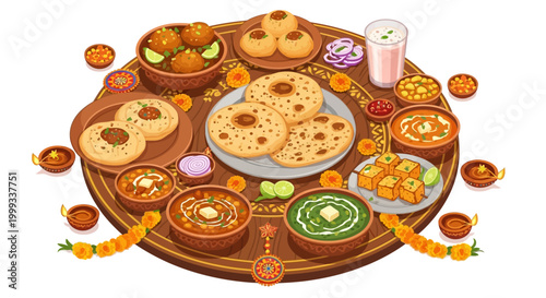 A vibrant, festive spread showcasing traditional dishes for a Baisakhi Vaisakhi festival celebration, presented on a large wooden platter against a clean white background in a high-angle