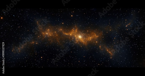 golden filament nebula arcing across a dense starfield with a glowing core and scattered bright stars, evoking awe and cosmic serenity