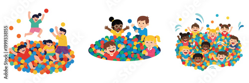 A delightful collection of colorful illustrations showcasing happy children joyfully playing and jumping in ball pits, evoking themes of fun and childhood innocence
