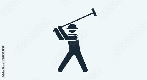 Construction worker icon silhouette swinging a sledgehammer with a hard hat on, isolated on a light blue background.