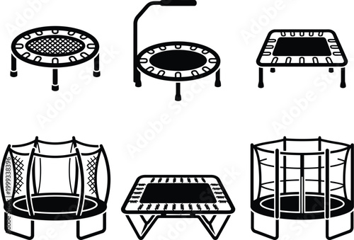 Set of black and white trampoline icons showing different shapes and styles for fitness and jumping exercise equipment