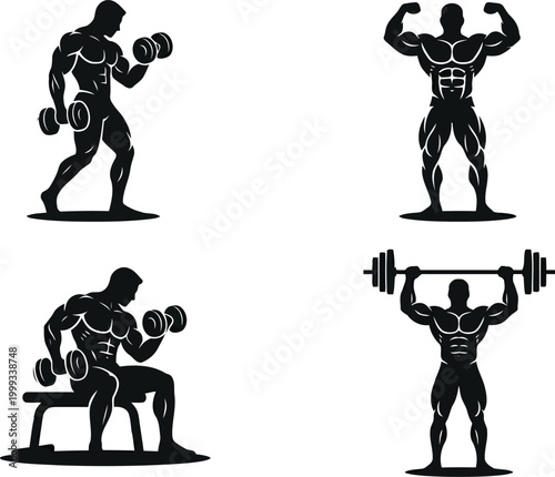 Set of muscular bodybuilder silhouettes training with dumbbells and barbell for fitness and strength workout gym exercise