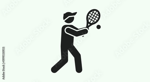Silhouette of a man playing tennis, hitting a ball with a racket, on a white background. Sports icon.