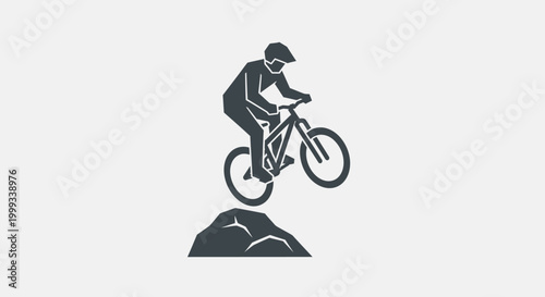 Silhouette of a mountain biker jumping over rocks, extreme sports icon, vector illustration