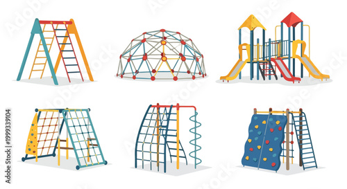 Assortment of modern playground equipment for children, featuring various slides, climbing walls, rope nets, and dome climbers, perfect for outdoor recreation and active play