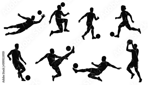 Vector set of soccer player silhouettes in various poses with a ball, including goalkeeping, dribbling, shooting, and heading actions