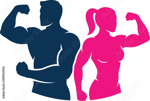 Strong muscular man and fit woman showing muscles in a gym fitness concept illustration