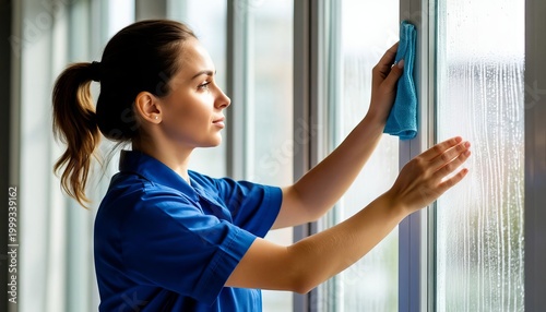 A young woman washes windows indoors, cleaning houses and offices.