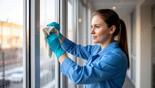 A young woman washes windows indoors, cleaning houses and offices.