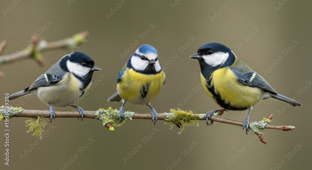 Obraz premium charming trio of colorful small birds perched on branch