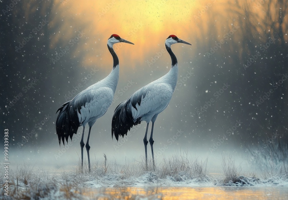 Fototapeta premium two red-crowned cranes standing in a snowy wetland at sunrise, mist and falling snow creating a serene golden backlit scene