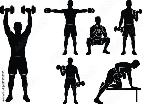 Set of black silhouettes of a muscular man exercising and lifting dumbbells in various fitness poses for gym and health training routines