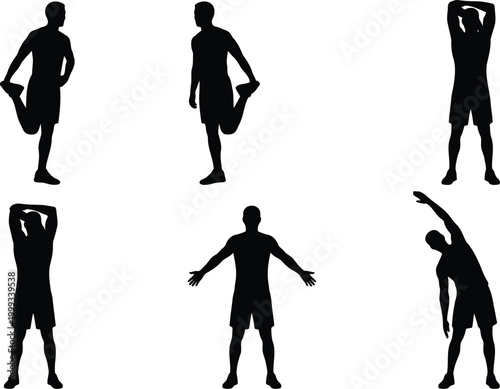 Set of black silhouettes of a man stretching and doing warm up exercises for fitness and healthy lifestyle