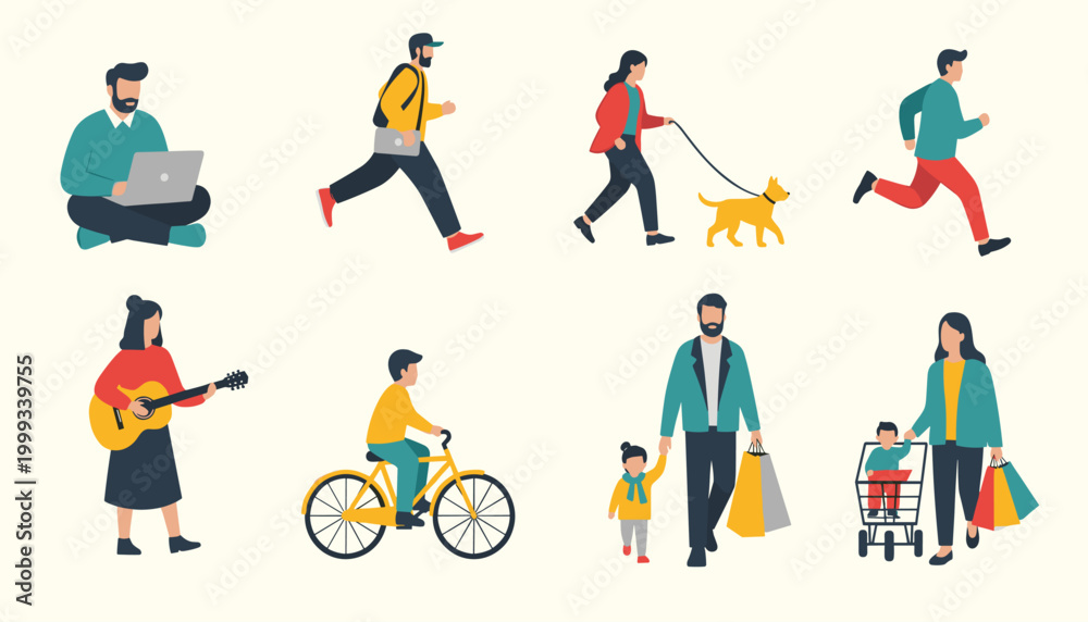 Fototapeta premium Vector set of diverse people characters performing daily activities, including working on laptop, walking dog, running, playing guitar, cycling, shopping