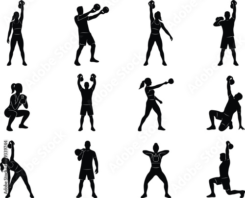Set of silhouettes of men and women performing various kettlebell exercises for fitness training and strength workout routines