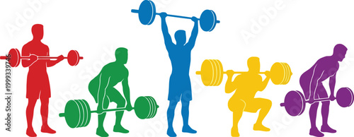 Colorful silhouettes of men doing weightlifting exercises with barbells in a gym