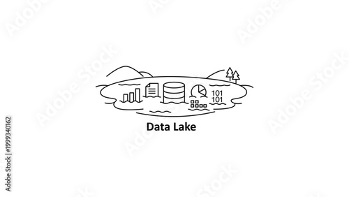 Data Lake Concept Minimalist Black Line Vector Icon Illustration on White Background with Editable Stroke, Featuring Charts, Database, and Binary Code in a Scenic Lake Landscape.