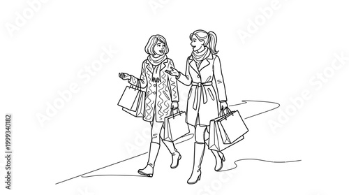 Line art illustration of two stylish women shopping together in autumn coats.