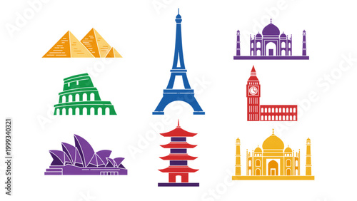 Famous landmarks illustrated in colorful, minimal style 