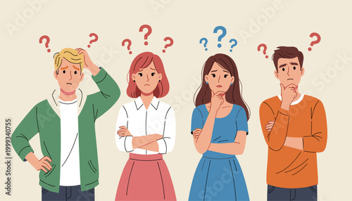 Vector group of young people thinking and feeling confused with question marks above their heads