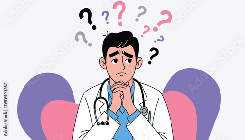 Vector confused doctor with stethoscope thinking with question marks above head