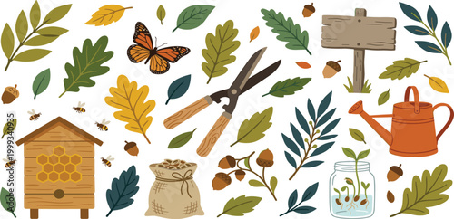 Autumn gardening and nature conservation vector set with beehive autumn leaves butterfly and organic garden tools.