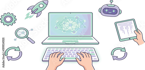 Artificial intelligence and future technology vector concept with hands typing on laptop, neural network, robot assistant, rocket startup launch, data analysis, 