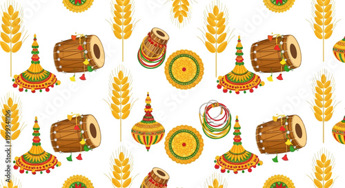 Overhead flat lay of a festive seamless pattern featuring traditional dhol drums and kalgi decorations, symbolic of the Vaisakhi Baisakhi festival celebration, set against a clean white