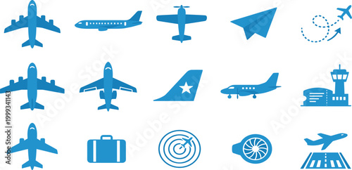 Aviation and airport transport blue silhouette vector icon set featuring airplanes runway radar and travel symbols.