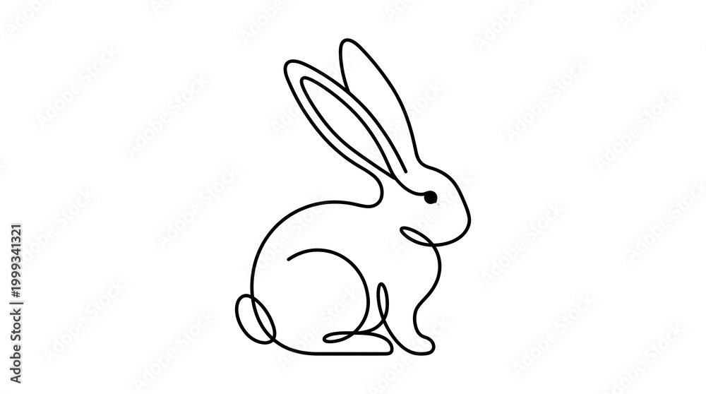 Fototapeta premium Minimalist single line drawing of a cute fluffy rabbit sitting and looking to the side, a simple contour illustration of a bunny